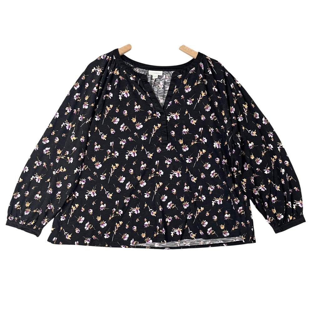 J Jill Blouse Womens 2X Black Floral Long Sleeve V Neck Feminine Casual Chic